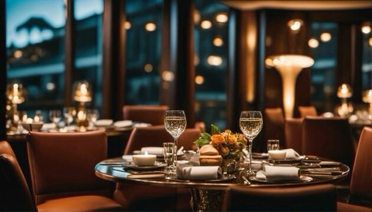 Salle du restaurant Maison Éone à la lumière du soir